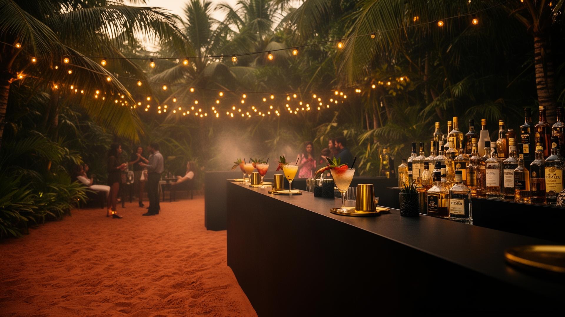 Tulum-inspired beach club bar at golden hour